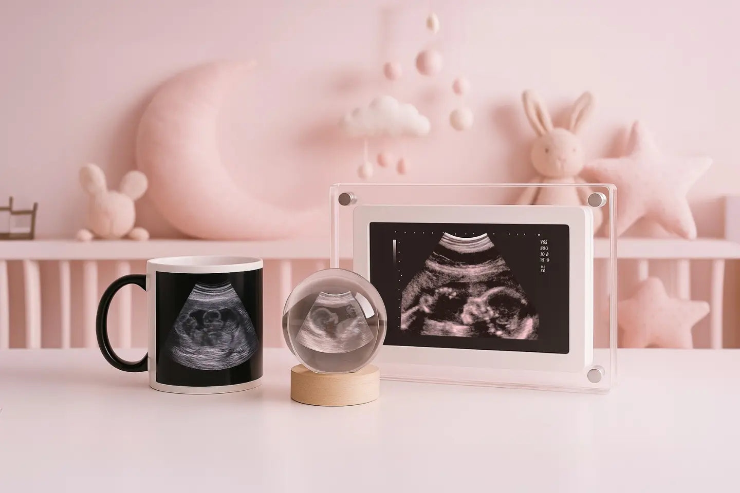 Ultrasound keepsake collection featuring a custom mug, engraved crystal sphere, and video frame, beautifully displayed in a pink nursery setting.